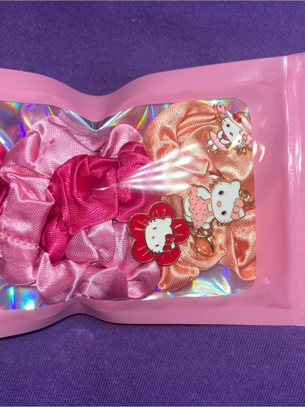 Hello Kitty Pink and Peach Satin Scrunchie Set with Character Charms